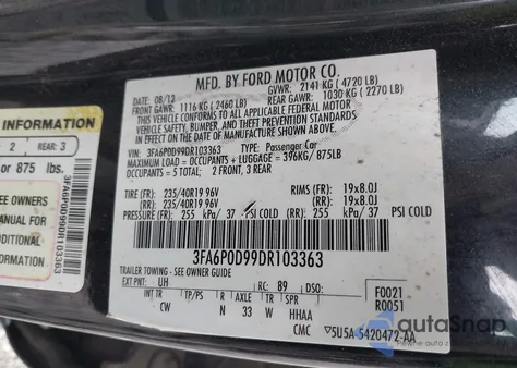 2013 Ford Fusion Titanium z USA, uszkodzony, nr VIN 3FA6P0D99DR103363